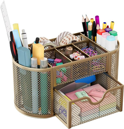 EasyPAG Mesh Pen Holder Desk Organizer with Drawer Stationery Supplies Organizer for Dorm School 9 Compartments Workspace Desk Accessories Organization for Office, Gold