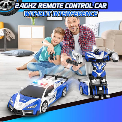 Remote Control Car, One-Button Transform Toys Car, 2.4GHz RC Cars 1:18 Scale, 360 Degree Rotation Police Car Toy Transforming into Robot Toy for Boys Girl Kids 4-7 8-12 6-8, Birthday