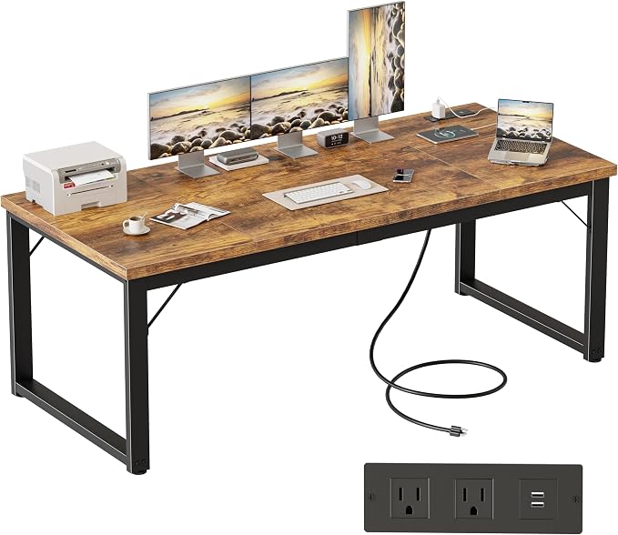 Mericonia 63 Inch Computer Desk with Power Outlets, 1.2" Thick Office Table | Modern Simple Style, Heavy Duty Industrial Frame, Large Study & Writing Table for Home Bedroom Work, Brown