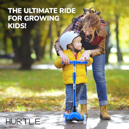 Hurtle Mini Kickboard 3 Wheel Scooter for Kids Ages 2-5 - Lean-to-Steer Toddler Scooter with Light-up LED Wheels, Adjustable Height & Rear Foot Brake for Boys. & Girls, Anti-Slip, Indoor/Outdoor
