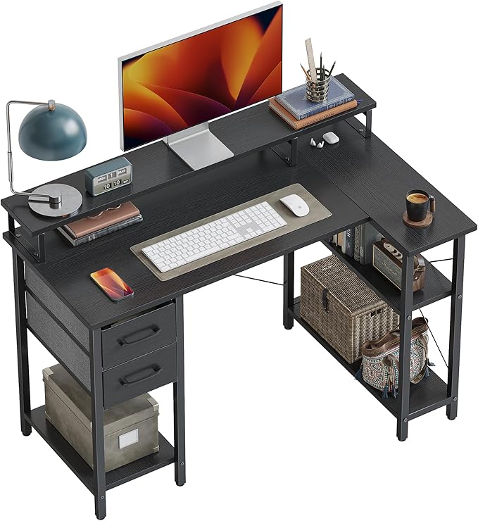 CubiCubi L Shaped Computer Desk with Monitor Stand & Shelves, 47 Inch Corner Home Office Desk Writing Table with Storage Drawer, Blck