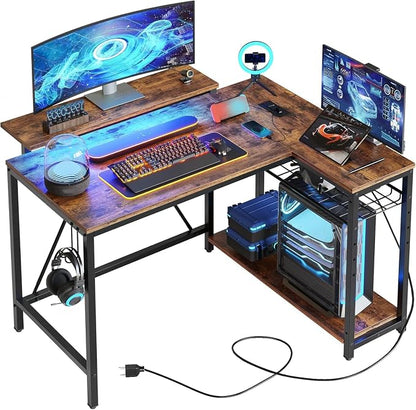 Bestier 42-Inch L-Shaped Gaming Desk with Charging & LED, Rustic Brown | Charging 2AC+USB+Type-C, RGB LED 7 Colors/20 Modes, Reversible Storage Shelves, 3D Carbon Fiber, Headphone Hook, Small Space