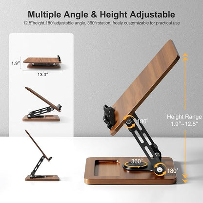 OPTIXCELL Book Stand for Reading, 360° Rotating Book Holder, Page Clips | Hands Free, Built-in Storage Tray, Adjustable Height Angle, Non-Slip, Foldable 13.3x9.4x1.9in, Fits Cookbook Tablet & Laptop