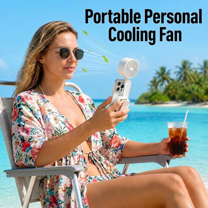 Magnetic Phone Fan, Small Portable Fan & Phone Stand with 360° Flexible Gooseneck, 3 Speeds, Wide Airflow, Rechargeable, Pocket Size for Women, Travel, Beach, Summer Cooling, Makeup Use, White