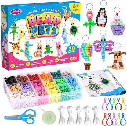 Funtopia Beads for Crafts, Pony Beads Keychain Making Kit, Bead Pets Art Crafts for Kids Beginners, Birthday Party DIY Craft for Girls Boys (1500 Bead, 30 Designs)
