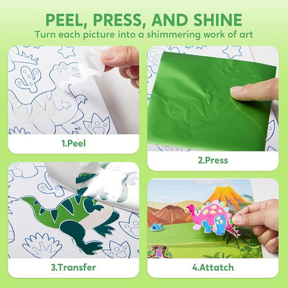 Klever Kits Foil Art Kit for Kids - Arts & Crafts Supplies, Mess Free Coloring, Dinosaur Foil Foam Stickers, Creative Travel Toys, Birthday Gifts for Boys & Girls Ages 4 and Up
