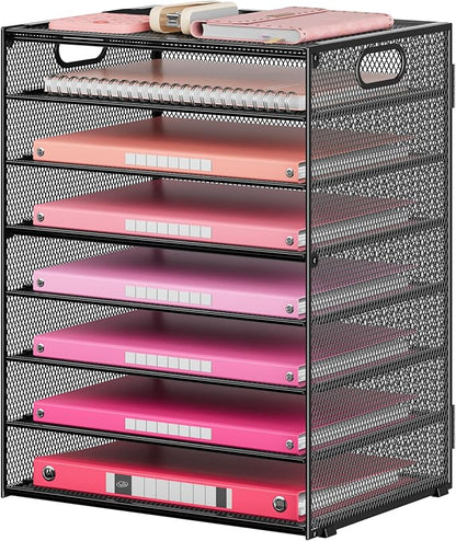 Lavatino 8 Tier Paper Organizer for Desk, Black Mesh Letter Tray File Sorter Organizers with Handles, Including 5 Adjustable Slid Trays for Office School Classroom Supplies Organization and Storage