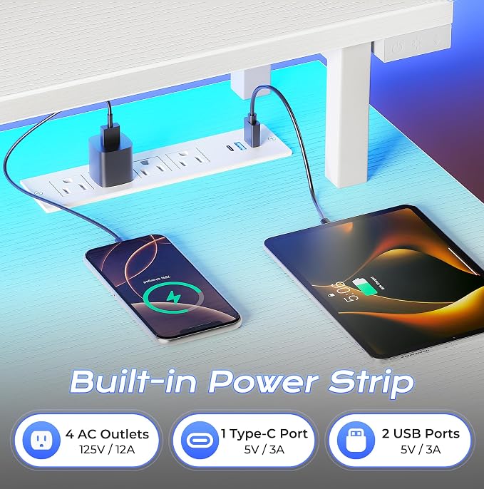 PRAISUN 48 inch Gaming Desk, LED & Power Outlets, Monitor Stand, White | Sturdy PC Desk for Home Office, Study & Work, LED Lights, 4 AC Outlets & USB-C Charging Station