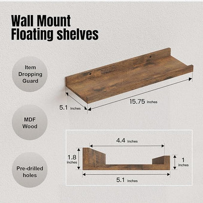 RICHER HOUSE 5-Set Floating Shelves with Lip, Brown Wall Mounted Wood Shelf | Display Picture Ledge Shelf, Anti-drop lip Shelf for Room Wall Decor, Bedroom Bathroom Storage Nursery Books, Easy Setup 16in