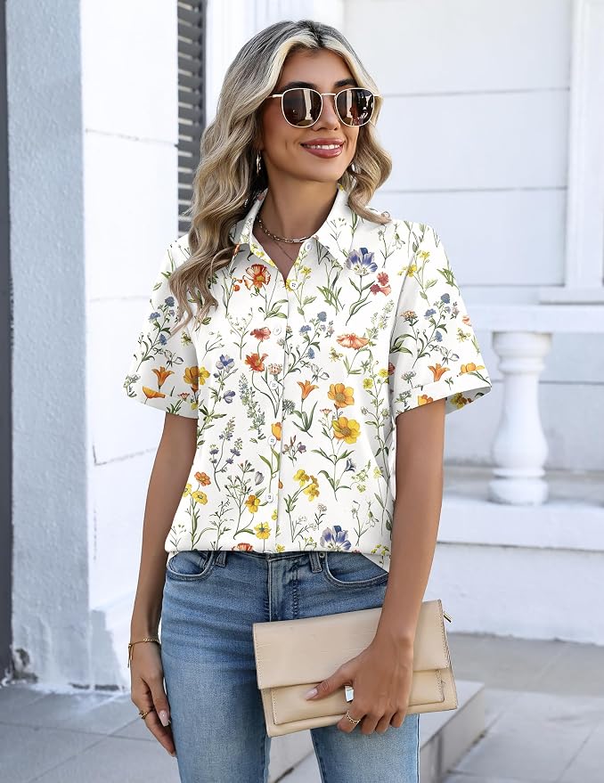Zeagoo Button Down Shirts for Women Short Sleeve Collared Tops Dressy Casual V Neck Blouses