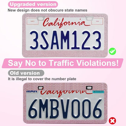 QUANQIUFEI 2 Pack Bling License Plate Frames for Women, Sparkly Rhinestone Diamond Car Accessories with Glitter Crystal Caps (Pink)