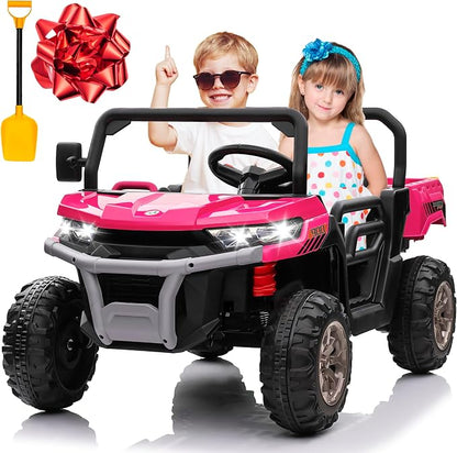 24V 4WD Ride on Truck Car w/4X200W Motor, Dump Bed, Gift Flower, 2 Seaters, Remote Control, 4 Wheeler, LED Light, Music, 24 Volt Ride on Toys for Big Kids Girls 3-8, Pink