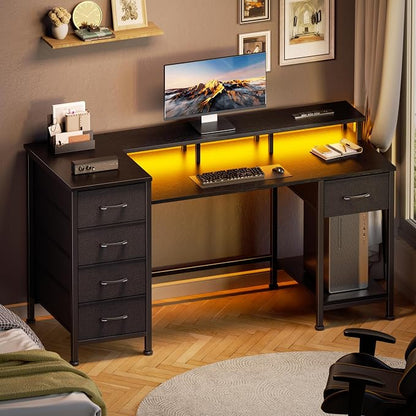 Korfile 47 Inch Gaming Desk with Power Outlets and LED Lights, Reversible Computer Desk with 5 Fabric Storage Drawers, Home Office Desk with Monitor Stand for Working Writing Study, Black | Gaming desk with power outlets &LED lights,reversible design w...