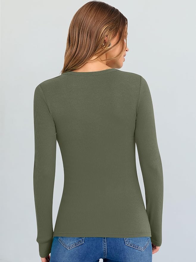 ANRABESS Long Sleeve V Neck Shirts for Women | Soft Comfy Ribbed Knit Fitted Tshirts, Casual Going Out Tops, 2026 Trendy Basic, Fall Winter Underscrub Layering Clothes