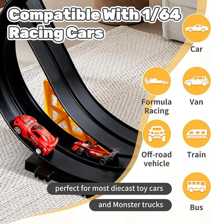 MINDNOOK 16 Ft Flexible Race Car Track Set for Kids, Portable Roll-Up Racetrack with 4 Cars & Suction Cups, Compatible with 1:64 Diecast Toy Cars, Gift for Boys & Girls Ages 4-12