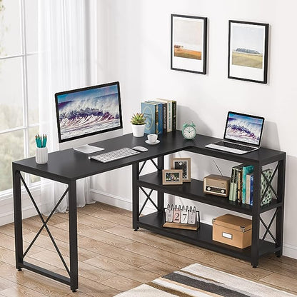 Tribesigns Reversible Industrial L-Shaped Desk with Storage Shelves, Corner Computer Desk PC Laptop Study Table Workstation for Home Office Small Space (Black, 53")