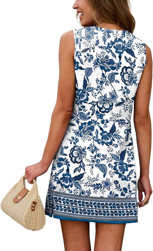 WIHOLL Casual Dresses for Women Crewneck Sleeveless Tank Dress Summer Spring Boho Vacation Clothes