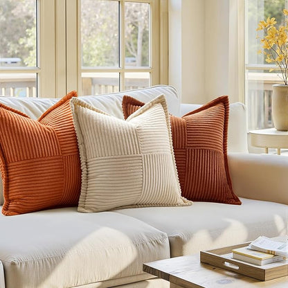 MIULEE Fall Dark Rust Decorative Throw Pillow Covers for Couch Bed Livingroom 16x16 Inch Set of 2 Boho Accent Throw Pllows Broadside Striped Patchwork Soft Corduroy Pillowcases, Terracotta