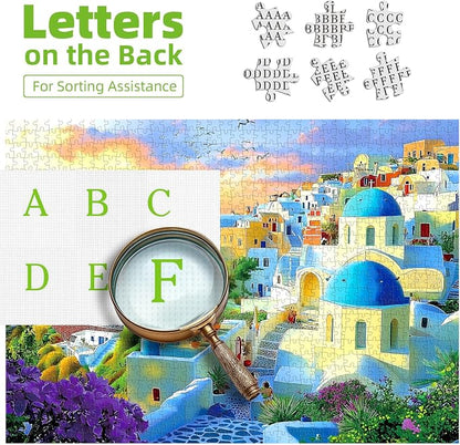 1000 Piece Adult Jigsaw Puzzle Santorini Greece Sunset Beautiful Blue Domed Churches Aegean Sea Village Landscape Puzzle with Letters on Back for Adults Seniors Game Night