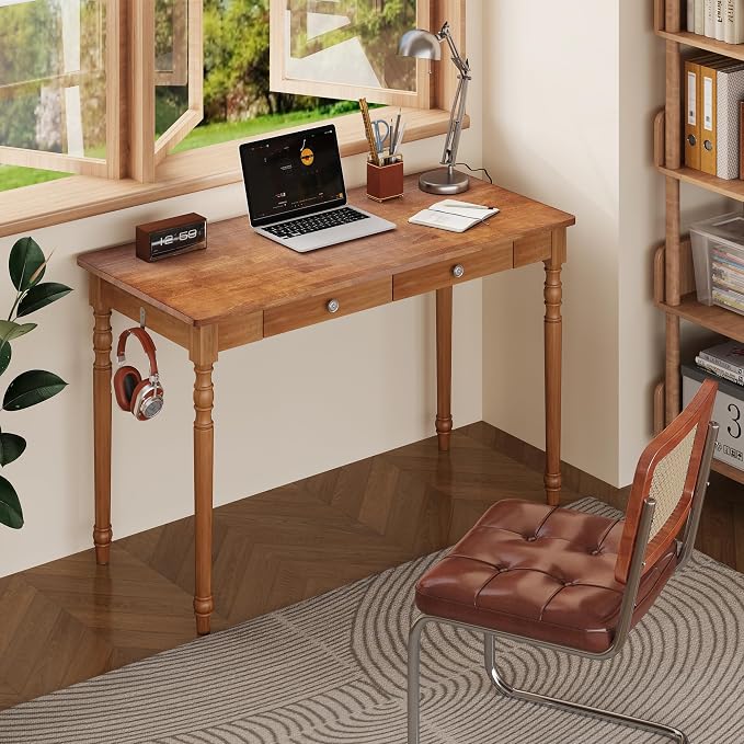 Vintage Solid Wood Writing Desk - 47.2" Mid Century Modern Desk with 2 Drawers, Wooden Computer Desks for Home Office, Large Secretary Desks, Traditional Vanity Dressing Table for Bedroom, Walnut