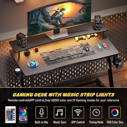 Gaming Desk with Power Outlets & Music Strip Lights,Computer Desk with Large Monitor Stand, PC Laptop Table for Small Spaces, Gamer Workstation with Cup Holder, Headphone Hook for Home Office