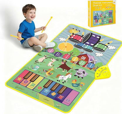 Musical Farm Animals Sounds Piano Mat for Kids, Educational Learning Toy | Sensory Interactive Floor Touch Play Mat with Drumset Dancing Keyboard Carpet for 3-12 Year Old Boy Girl Gifts