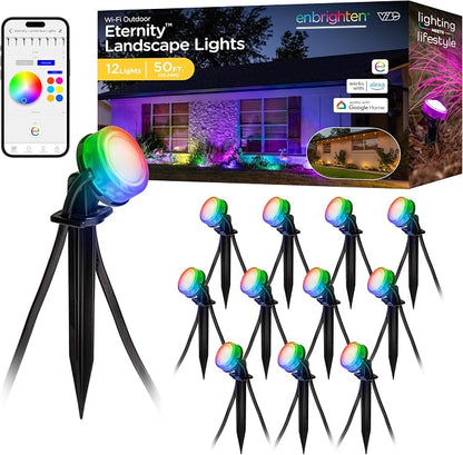 Enbrighten Vibe Eternity Garden Lights, 50ft, 12 RGBWIC LEDs, Waterproof, Uplights, Outdoor Landscape Lighting, Home Exterior Spotlight, Smart App, Works with Alexa, Google Home, 83790
