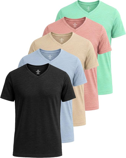 5 Pack Men's Dry Fit V Neck Gym Workout T Shirts Athletic Moisture Wicking | Cooling, Quick Dry, Breathable, Short Sleeve, Exercise, Cycling, Sports, Outdoor, Fitness, Golf, Crossfit, Hiking, Tennis