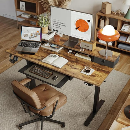 Electric Standing Desk with 2 Drawers and Keyboard Tray, 48 x 24 Inches Ergonomic Adjustable Height Desk with Storage, Sit Stand Computer Workstation, Rustic Brown