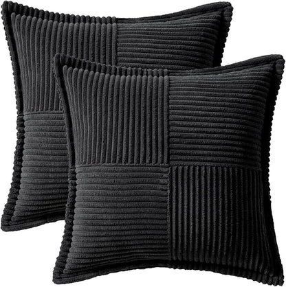 MIULEE Black Corduroy Decorative Euro Sham Pillow Covers 24x24 Inch with Splicing Set of 2 Soft Boho Pillow Covers Broadside Textured Pillowcases for Halloween Couch Bed Livingroom