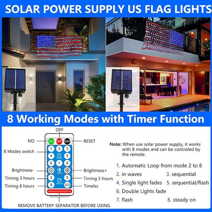 Solar American Flag String Lights - Waterproof 420 Led Solar Powered Flag Net Light for 4th of July Memorial Day Decorations Yard Garden Christmas Festival Holiday Patriotic Party Decoration Outdoor