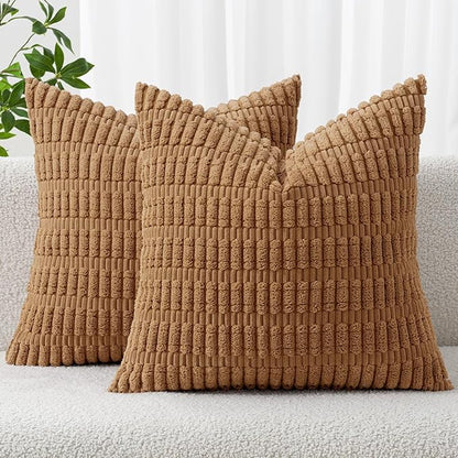MIULEE Pack of 2 Corduroy Decorative Throw Pillow Covers 18x18 Inch Soft Boho Striped Pillow Covers Modern Farmhouse Home Decor for Sofa Living Room Couch Bed Brown