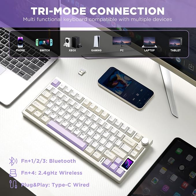 YUNZII AL80 75% Wireless Aluminum Mechanical Keyboard(Beige, Gateron Zero) | QMK/VIA, Smart LCD Display and Knob, Hot Swap, Gasket Structure, BT/2.4G/USB-C, RGB Keyboard for Gaming/Win/Mac