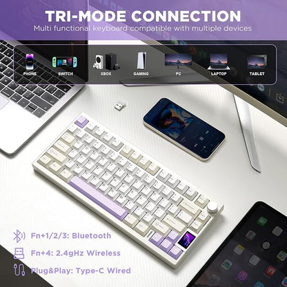 YUNZII AL80 75% Wireless Aluminum Mechanical Keyboard(Beige, Gateron Zero) | QMK/VIA, Smart LCD Display and Knob, Hot Swap, Gasket Structure, BT/2.4G/USB-C, RGB Keyboard for Gaming/Win/Mac