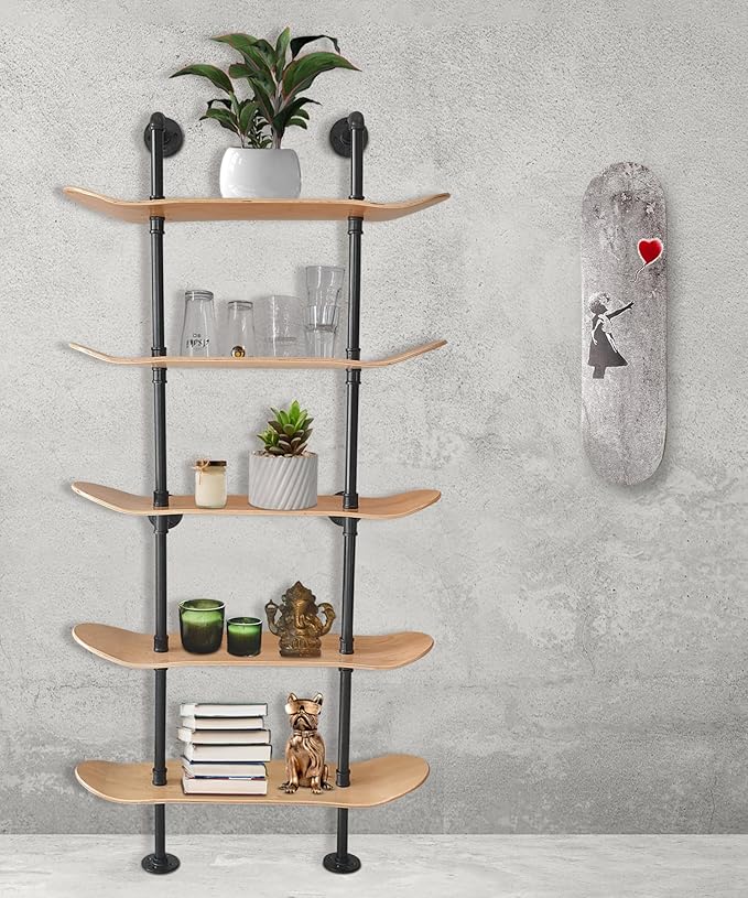 Industrial Shelves - 5 Tier Industrial Decor Pipe Bookcase Using 7 Ply Skateboard Decks - Natural Wood Stain Finish - Bathroom Wall Decor, Living Room Furniture, Book Shelf for Skateboard Enthusiasts