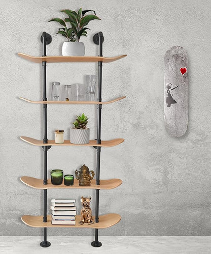 Industrial Shelves - 5 Tier Industrial Decor Pipe Bookcase Using 7 Ply Skateboard Decks - Natural Wood Stain Finish - Bathroom Wall Decor, Living Room Furniture, Book Shelf for Skateboard Enthusiasts