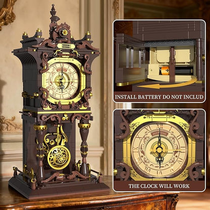 Vintage Swing Clock Building Blocks Set, Real Working Moving Pendulum & Rotating Dial, Mechanical Building Blocks Toys, Gift for Adults Teens Girls Boys 12+, Retro Steampunk Home Decor