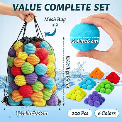 Xeehwb 200 Pcs Reusable Water Balls,Soft Soaker Splash Balls with Mesh Bag,Water Games Toys Ball for Outdoor Water Games Summer Fun,Pool Party,Beach Activities(6 Colors)