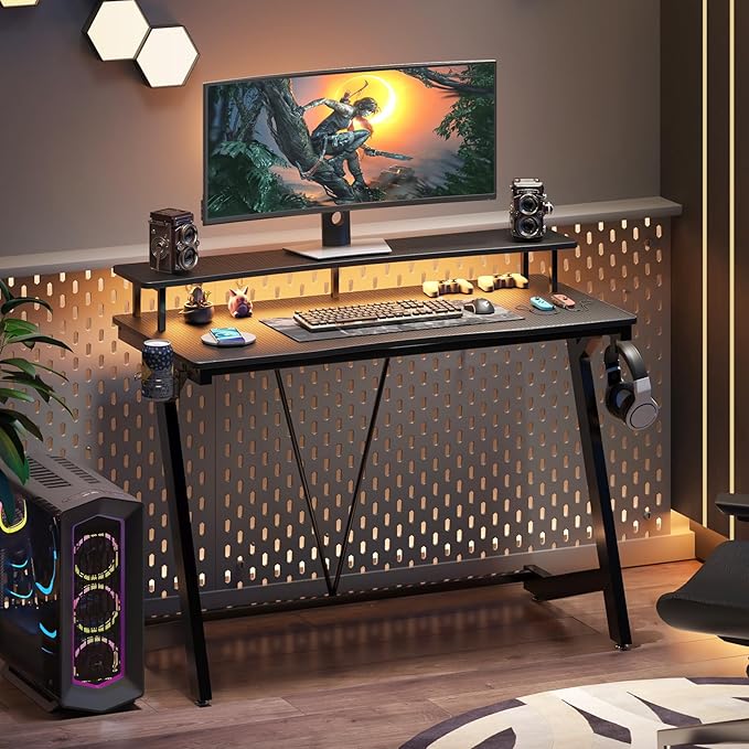 Gaming Desk with Power Outlets & Music Strip Lights,Computer Desk with Large Monitor Stand, PC Laptop Table for Small Spaces, Gamer Workstation with Cup Holder, Headphone Hook for Home Office