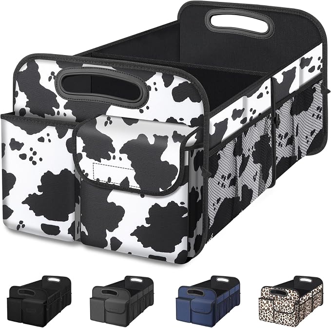 Femuar Car Trunk Organizer, Cow Print, Vintage Style, 52L Capacity, 4 Compartments, Waterproof, Non-Slip, Collapsible, 22.5"D x 18"W x 10.8"H