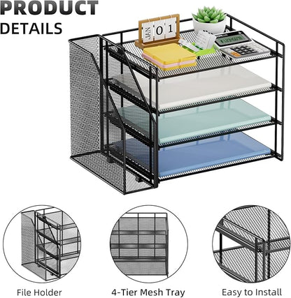 Marbrasse 4-Tier Paper Tray Organizer with File Holder, Black | Sturdy Paper Tray, Built-in File Holder, fits Letters/Docs, Saves Desk Space, for School/Office/Home