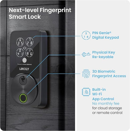 Lockly Secure Pro Smart Door Lock,Fingerprint Keyless Entry Door Lock,Apple Home Key Compatible,Auto Lock, App Remote Control,IP65 Waterproof,Easy Installation