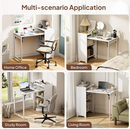 Bamboo Folding Desk with Storage, Foldable Desk for Small Spaces, White | Space-Saving Computer Desk with Storage, Compact Size, Writing Study Table for Home Office, Bedroom, Dorm, Apartment
