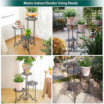 Sungmor Heavy Duty Cast Iron Plant stand, 3 Tier Foldable Metal Plant Shelf, 24in Tall Vintage Flower Pot Holder Indoor Outdoor Tiered Plant Stand, Rustic Plant Display Rack for Corner Balcony Patio