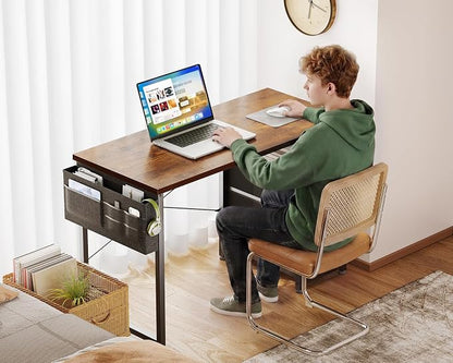AODK 40 Inch Small Computer Desk with Fabric Drawers, Vintage | Mini Desk with Storage Shelf & Bag, Kids Study Desk for Bedroom, Home Office Desk for Small Space