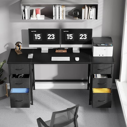 63'' Office Desk with 6 Fabric File Drawers - File Drawer Organization, Computer Work Desk, Study Writing Table, Home Office Workstation, Black