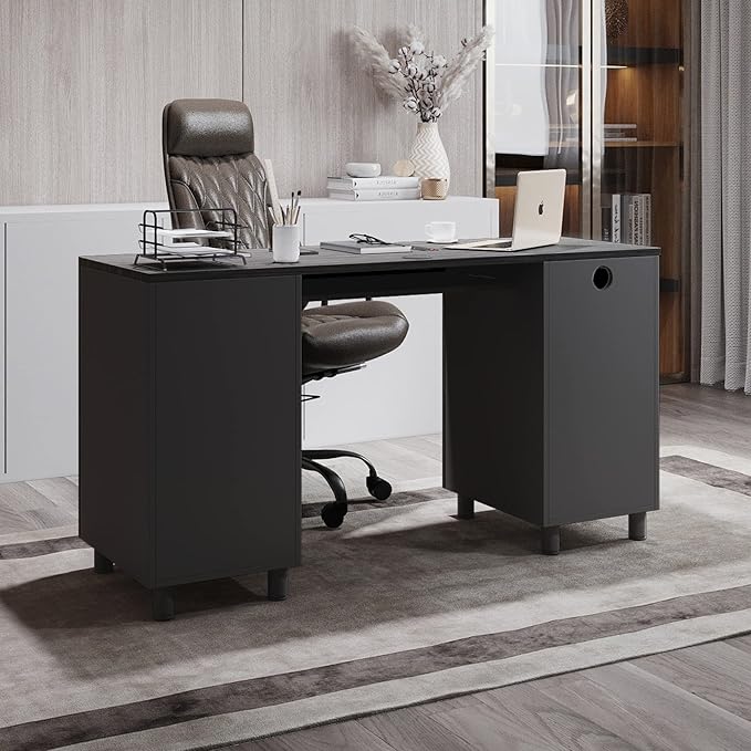 Modern Design By Crafts & comfort Venice Computer Desk - Office Desk with 3 Drawers & CPU Storage Cabinet - Laptop Workstation with Keyboard Tray & Cable Hole - Home & Office Supplies -Slate/Black