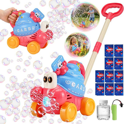 Crab Bubble Machine for Kids,Handheld or Push Bubble Maker Blower,Bubble Lawn Mower W/Lights,Outdoor Toys Birthday Gift for Toddlers Boys Girls 3 4 5 6 Years Old (USB Rechargeable)