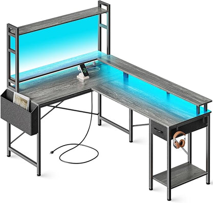 L Shaped Desk Computer Desk with LED Lights & Power Outlets, Gaming Desk with Storage Shelves, Corner Desk Home Office Desks for Bedroom, Grey
