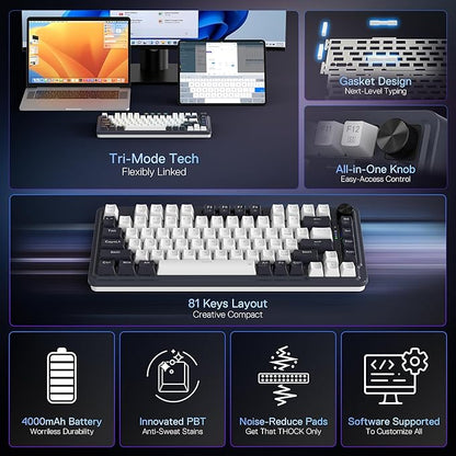 Redragon K673 PRO Wireless 81-Key RGB Gasket Gaming Keyboard, Scroll Knob | Multi-Function Control Wheel, 0-Delay Tri-Mode, Cushioned 5-Layer Noise Dampening for Creamy Thocky Sound, Compact 80% Size